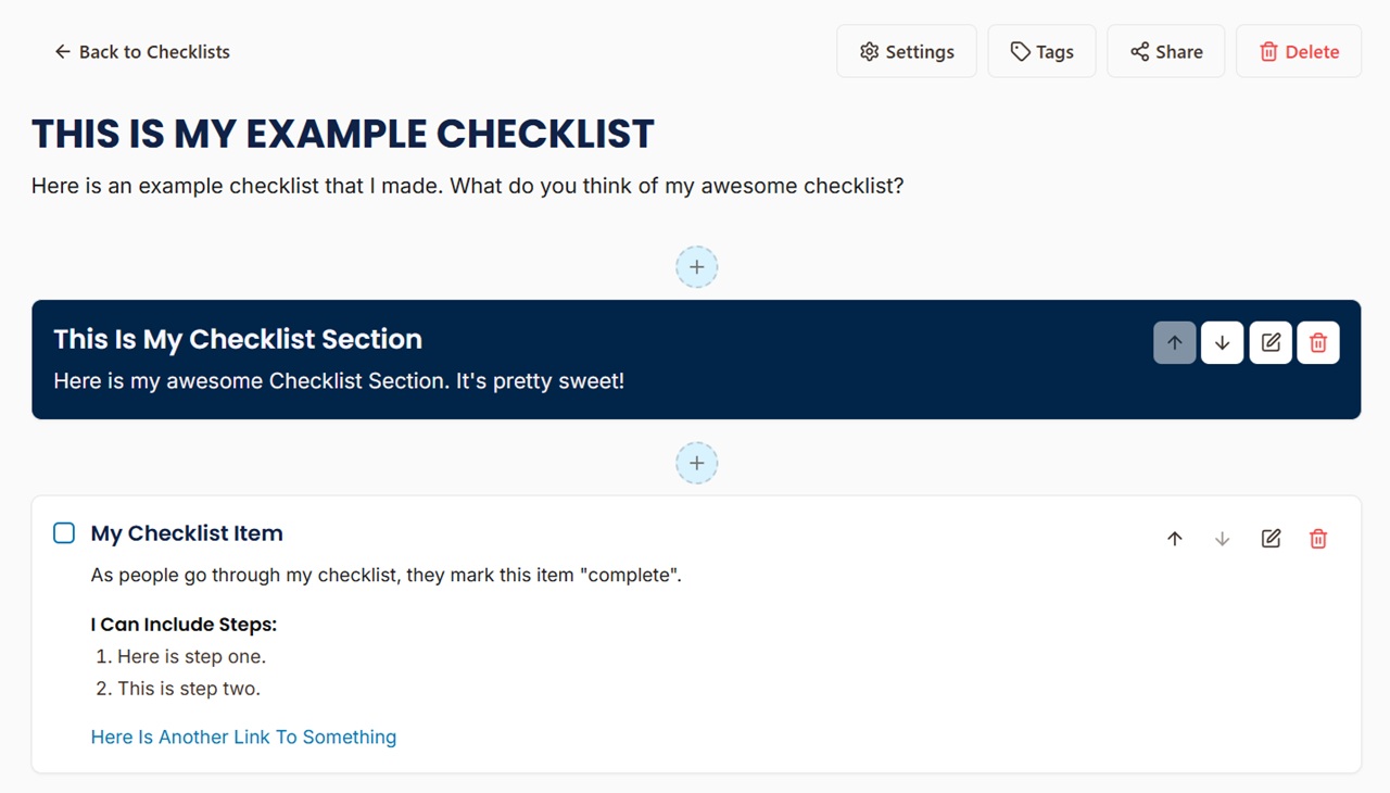 Build comprehensive checklists with sections and items
